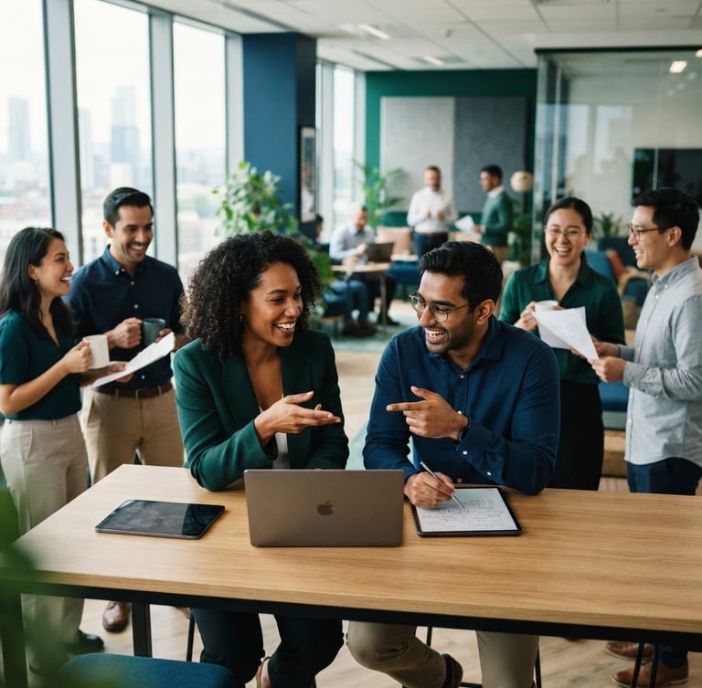 A high-energy modern meeting space filled with diverse professionals in candid collaboration, bright natural office light, deep blue and emerald accents, shallow depth of field, 35mm lens