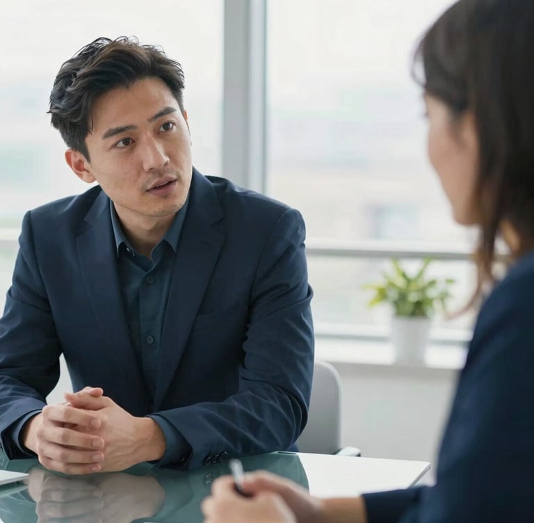 Medium close-up of two modern business owners in candid conversation at a sleek glass table, bright natural office daylight, shallow depth of field, 35mm lens