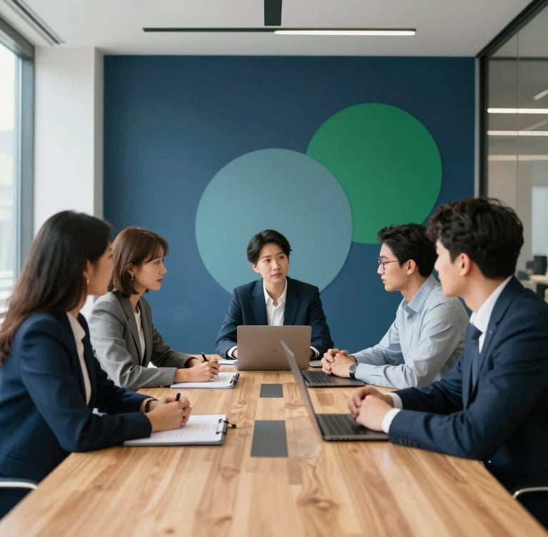 Modern sunlit boardroom with architectural clean lines, a group of diverse professionals collaborating around a wooden table, 35mm lens