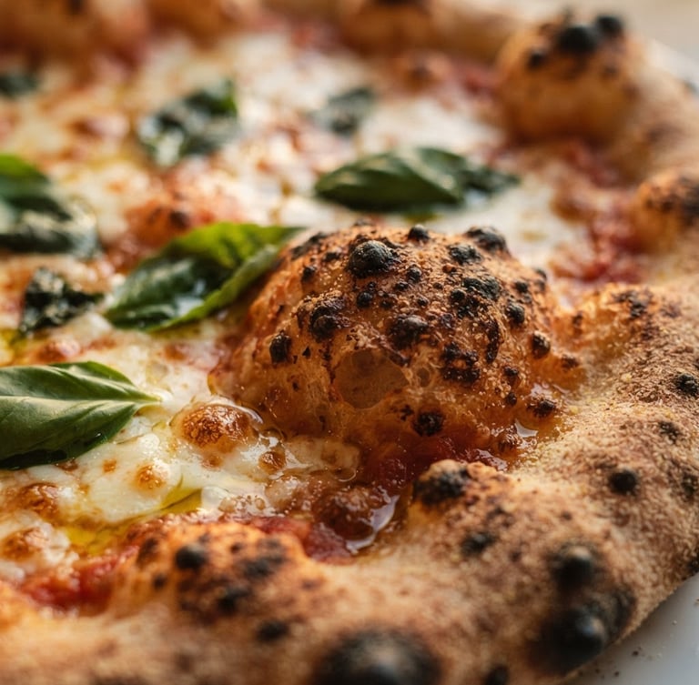 Close-up of a rustic sourdough pizza crust with bubbling charred spots, fresh basil leaves, and warm golden olive oil, soft natural light, 35mm