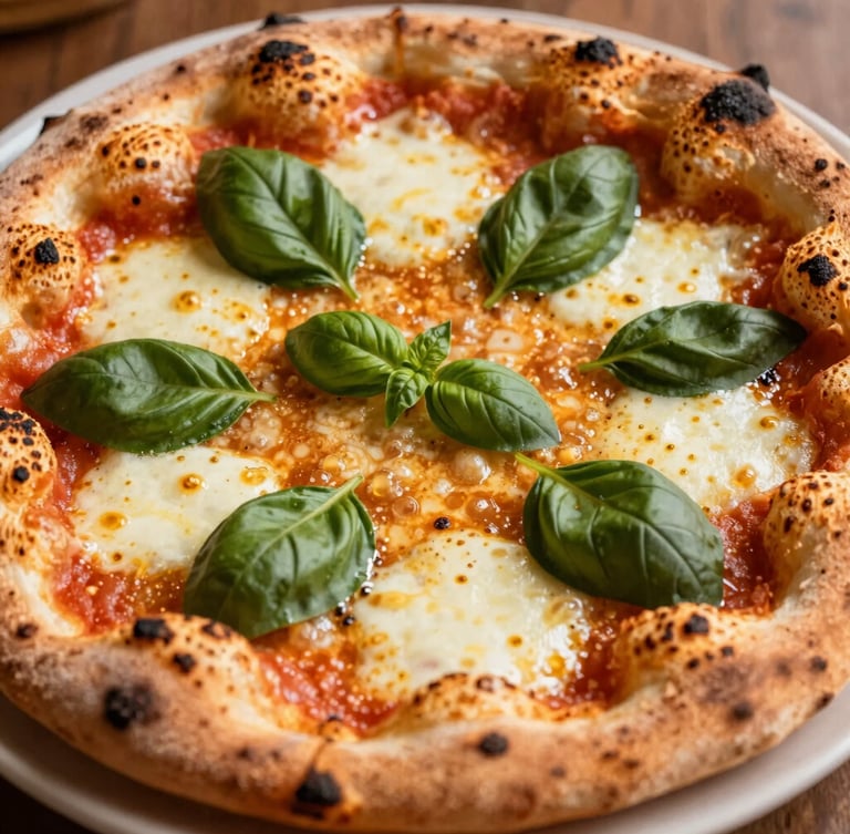 A perfect wood-fired pizza with bubbling mozzarella and fresh basil leaves, crust showing beautiful dark leopard spots, warm golden lighting