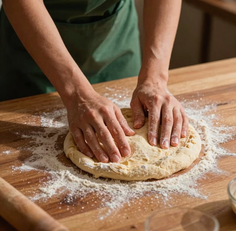 Hands kneading soft pizza dough on a flour-dusted wooden table, natural afternoon light, rustic Mediterranean kitchen setting, warm clay tones