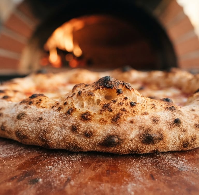 Close-up of a rustic sourdough pizza crust with beautiful airy charred bubbles, soft warm oven glow in the background, rich terracotta tones, shallow depth of field, 35mm photography