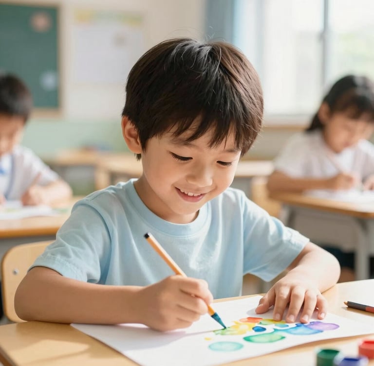 Candid medium shot of a young child smiling and painting with watercolor on paper, bright sunlit classroom, soft natural daylight, shallow depth of field, warm academic aesthetic