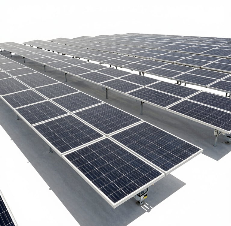 Industrial solar installation in East Africa, wide environmental engineering shot, bright high-contrast daylight, sharp architectural shadows