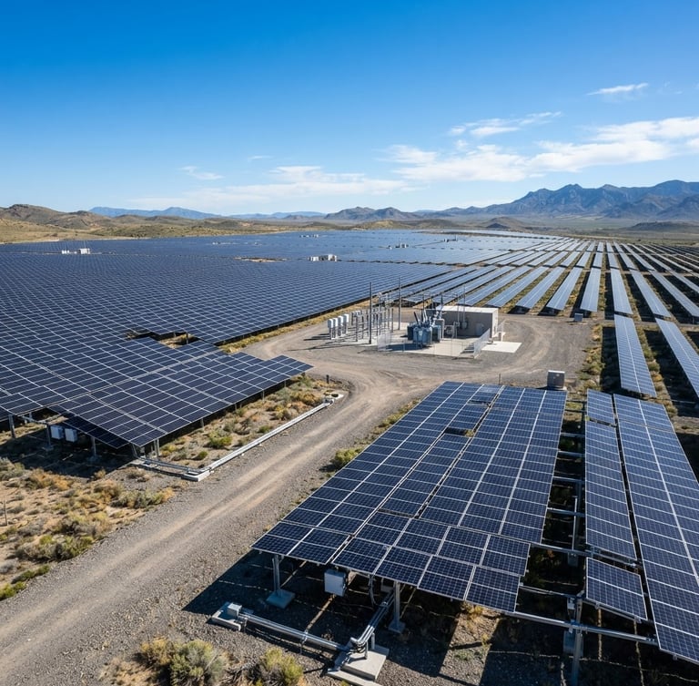Wide-angle architectural shot of a megawatt-scale solar array in bright daylight, sharp clean lines, industrial engineering style