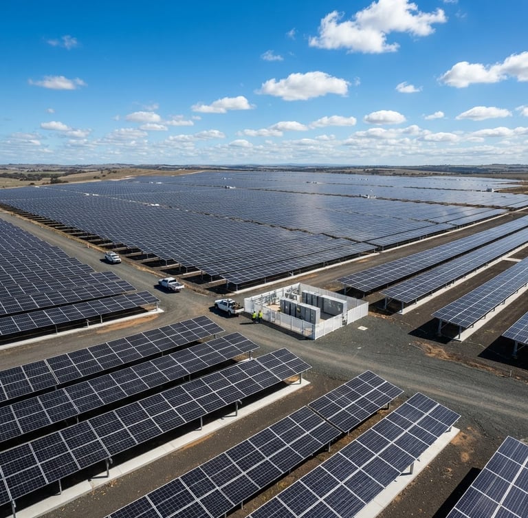 Sharp industrial photography of a massive grid-tied solar farm in bright daylight, high-contrast clean white and deep grey structures, wide-angle architectural lens, expansive sky.