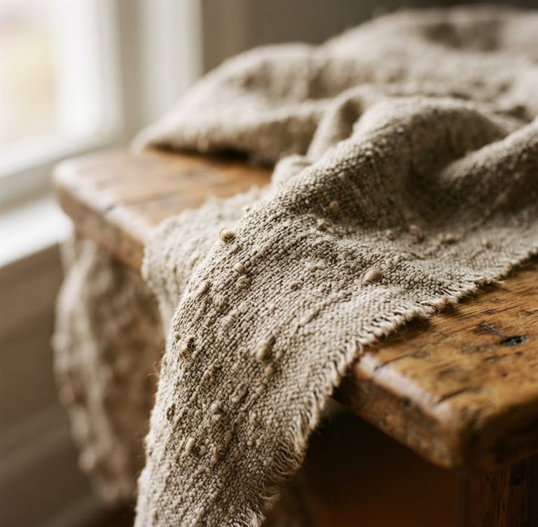 Macro detail shot of heavy raw linen fabric weave, showing natural slubs and textured variations, draped over warm wooden bench, soft afternoon window light, shallow depth of field, 35mm