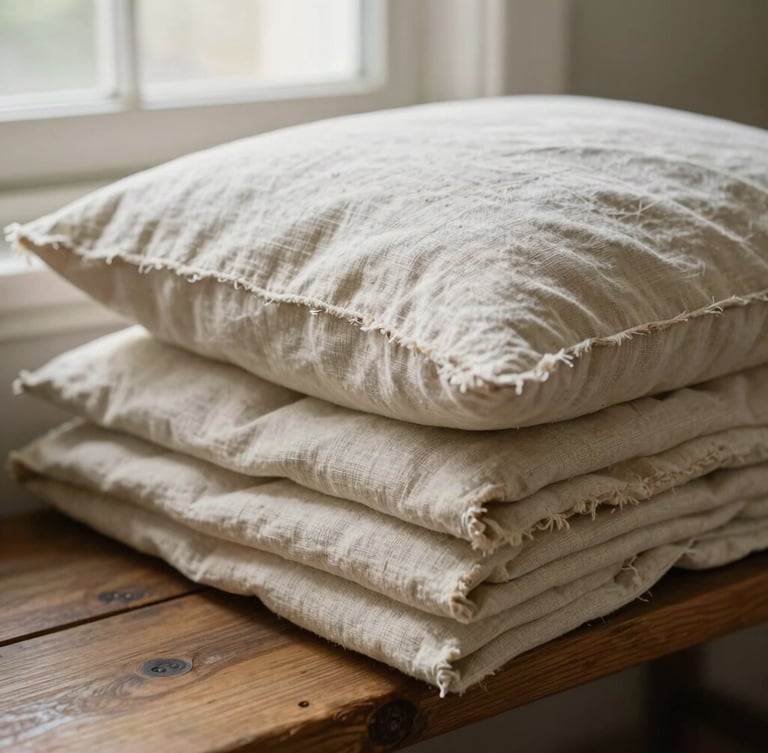 Folded stack of raw linen pillow covers showing thick textured edges and natural slubs, draped over a wooden bench, soft afternoon window light, warm editorial 35mm