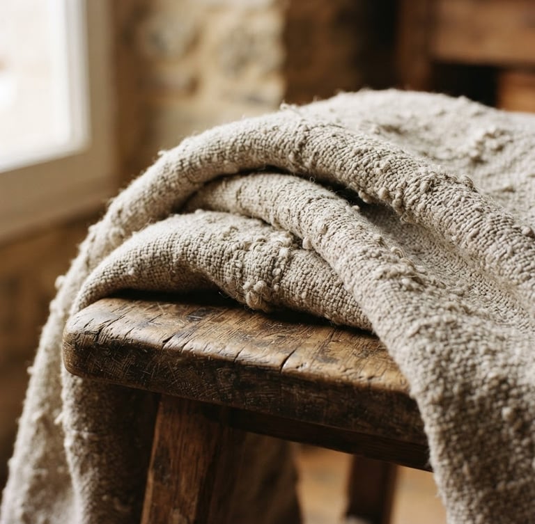 Macro detail of heavy-weave linen blanket draped over a rustic oak stool, soft afternoon window light casting gentle shadows on the raw slubs, warm editorial 35mm photography