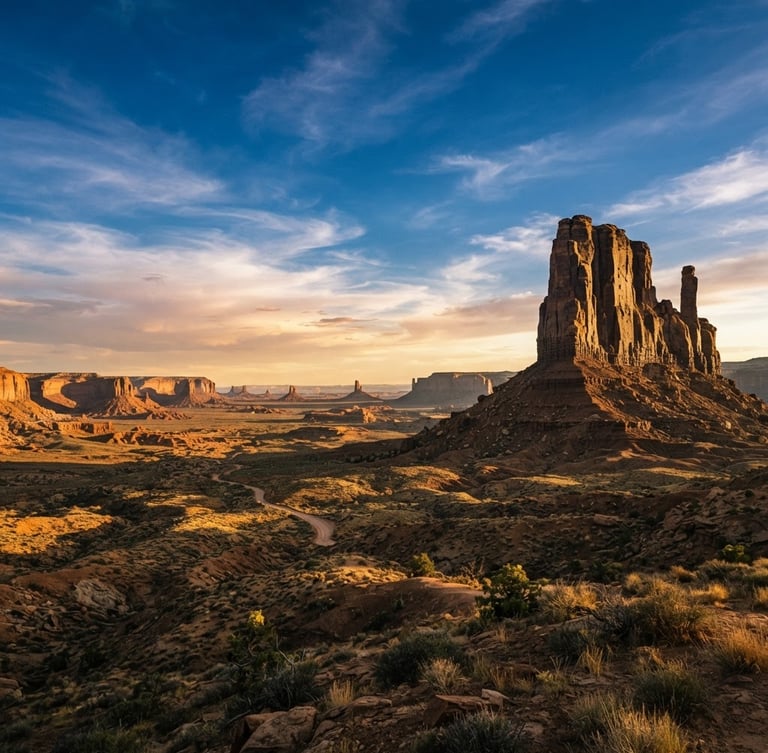 Wide panoramic Utah high-desert landscape at golden hour, a rugged butte dominating the right third, expansive sky, harsh shadows, deep blue and warm gold tones.