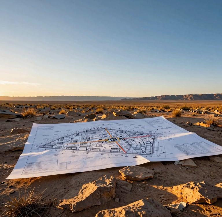 Wide panoramic Utah desert at golden hour, a detailed engineering site plan drawing partially laid over the rugged terrain, blending old and new, low horizon, warm gold light.