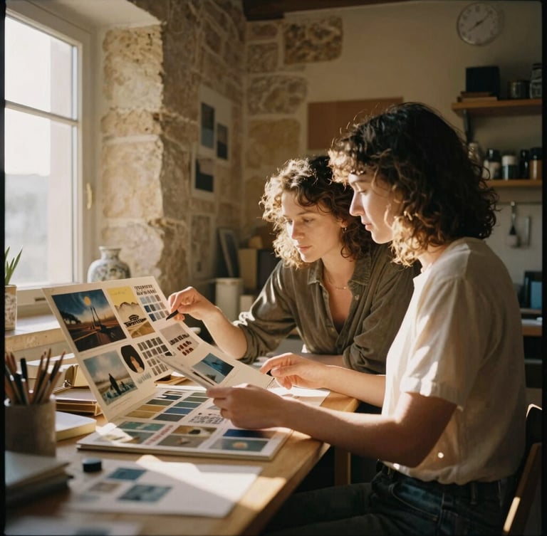 Warm editorial travel photography of a creative couple reviewing a mood board in a sun-lit stone studio, 35mm film aesthetic.