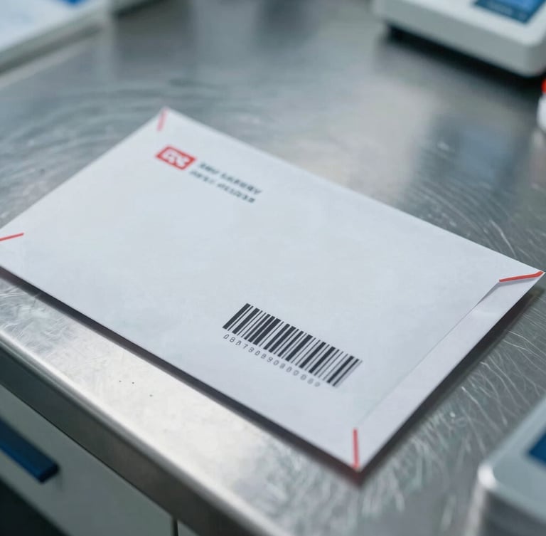 Macro close-up of a sealed security envelope with a unique tracking barcode, resting on a sterile stainless steel laboratory bench, bright cool-toned clinical lighting.
