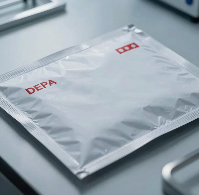 Macro shot of a sealed high-security clinical envelope on a sterile laboratory desk, cool bright lighting, metallic reflections, precise and clean atmosphere