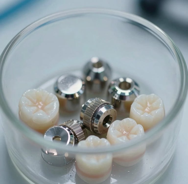 Macro close-up of raw dental alloys and metallic dust inside a sterile laboratory container, bright clinical cool-toned lighting, sharp reflections, high-tech environment