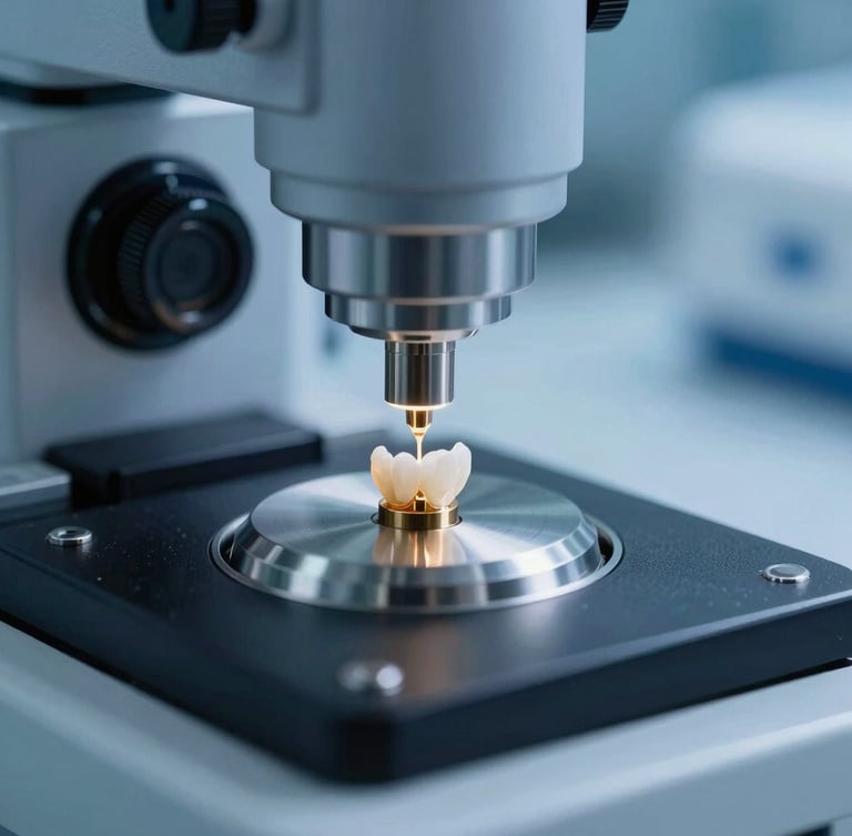 Macro close-up of high-tech spectrometer analysis of precious dental alloys in a sterile laboratory, cool blue clinical lighting, sharp metallic reflections.
