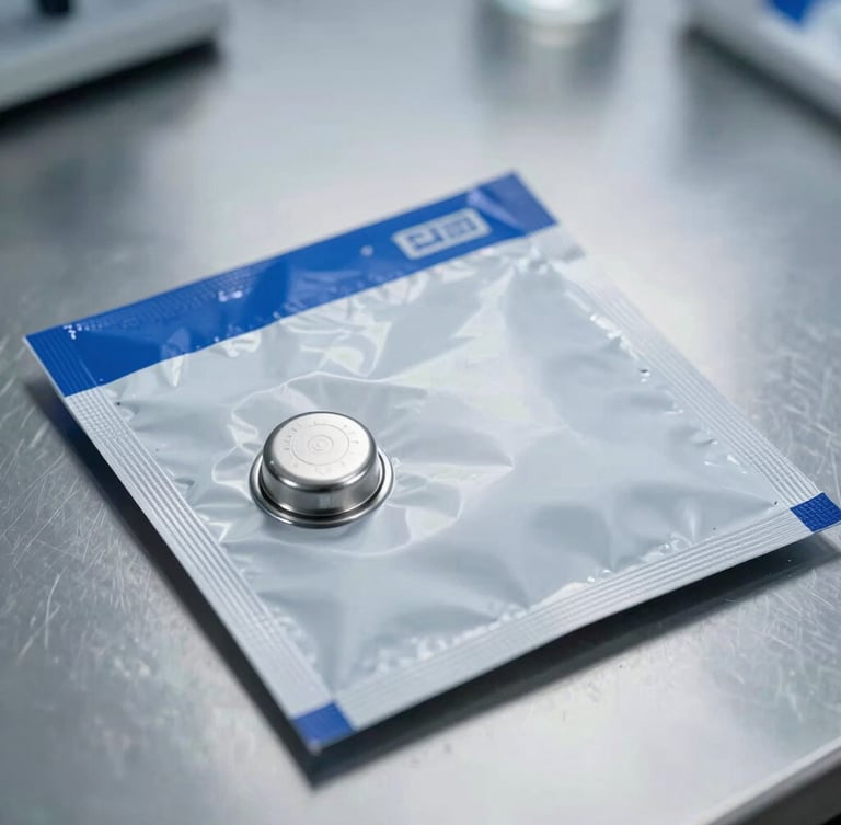 Macro photograph of a sealed blue and silver tamper-evident security envelope on a sterile metal laboratory counter, cool clinical lighting, sharp metallic reflections.