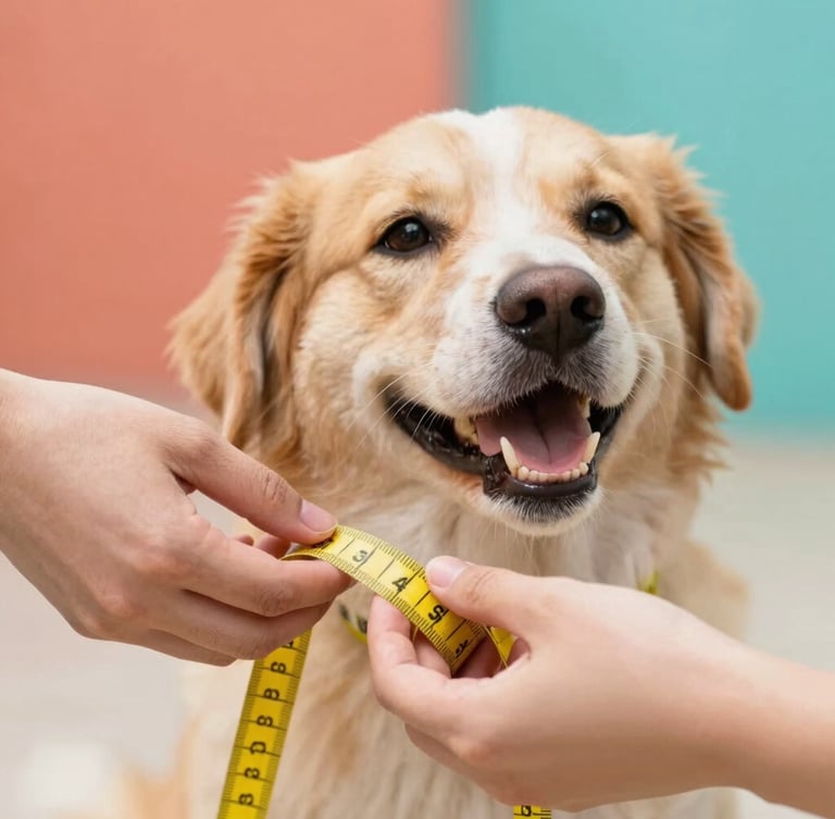 Close-up of hands gently measuring a happy dog with a soft yellow measuring tape, warm natural daylight, shallow depth of field, 35mm