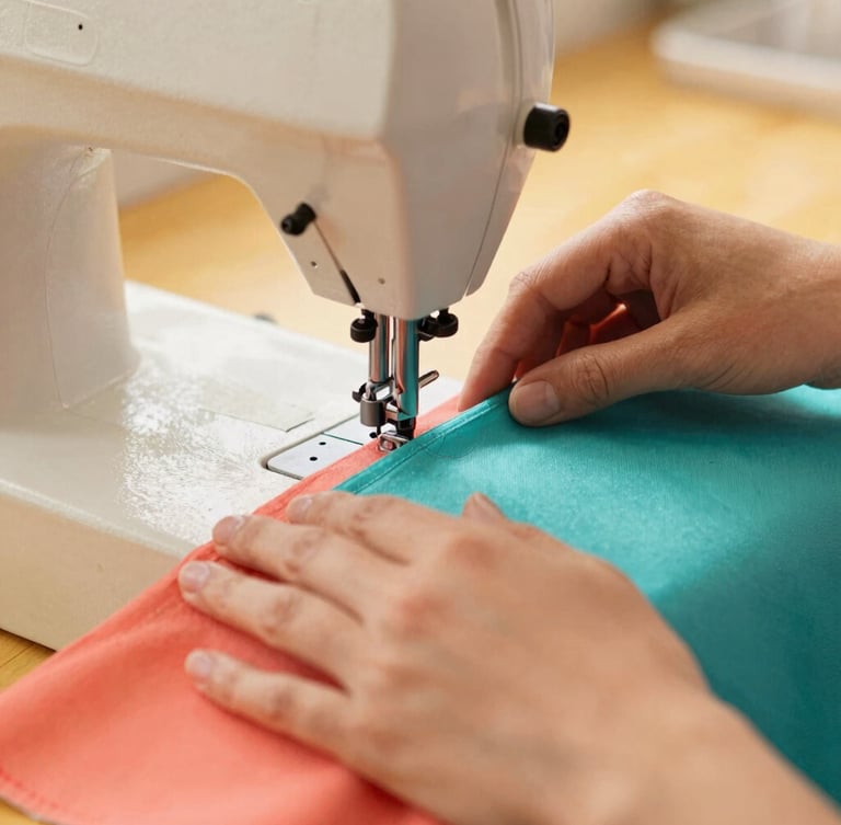 Close-up of hands guiding a colorful turquoise fabric through a vintage sewing machine in a warm workshop, soft golden hour light, 35mm