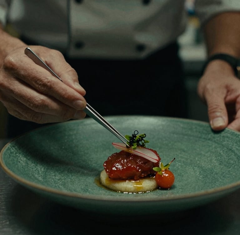 Moody close-up of a chef plating a dish with tweezers under soft side-light, dark green and carmine tones, 35mm photography