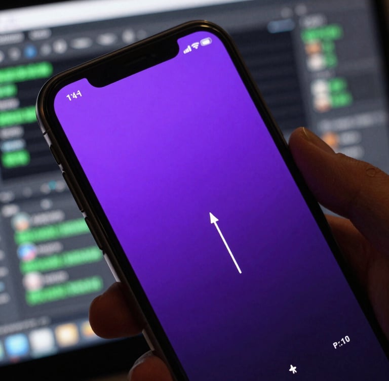 Macro close-up of a mobile device held in hand, displaying a gameplay loop with high-contrast electric violet UI overlays, background showing a blurred Unity editor screen with cyber green highlights.