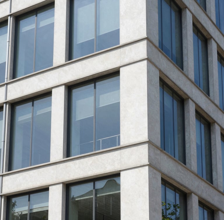 Crisp architectural detail of a newly renovated building facade meeting a clean glass office window, bright natural daylight, sharp focus, 35mm lens