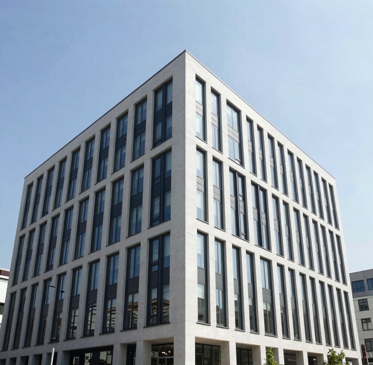Straight-on architectural shot of a modern renovated office building, sharp angles, bright daylight, 35mm lens