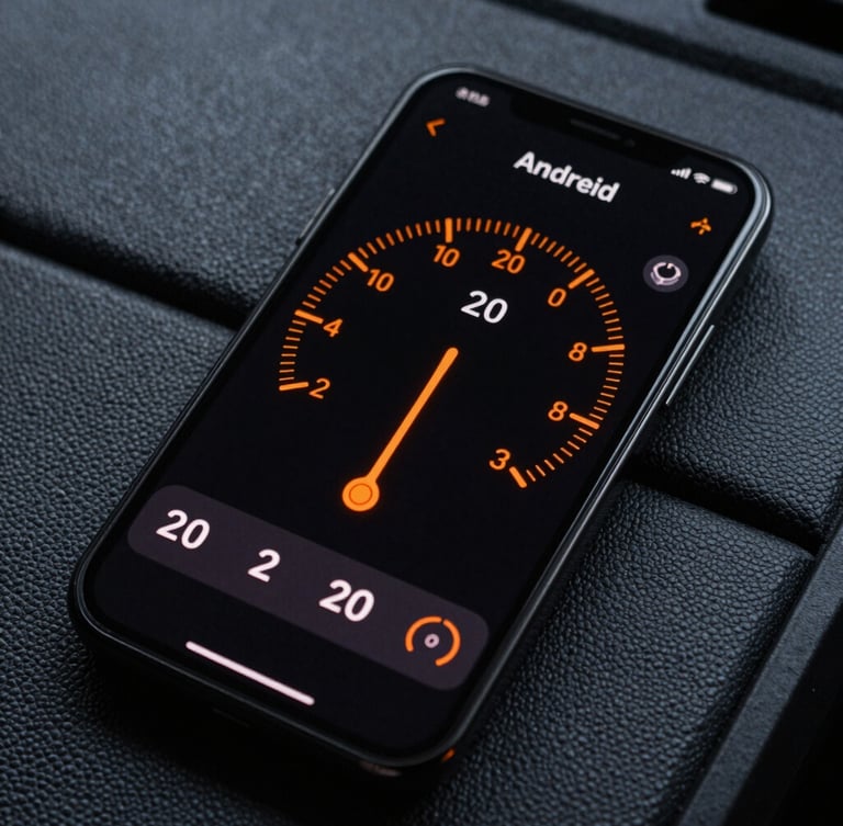 Detailed close-up of an Android phone mounted on a textured dashboard, showing a skeuomorphic fuel calculator app with glowing orange dials and crisp monospace typography.
