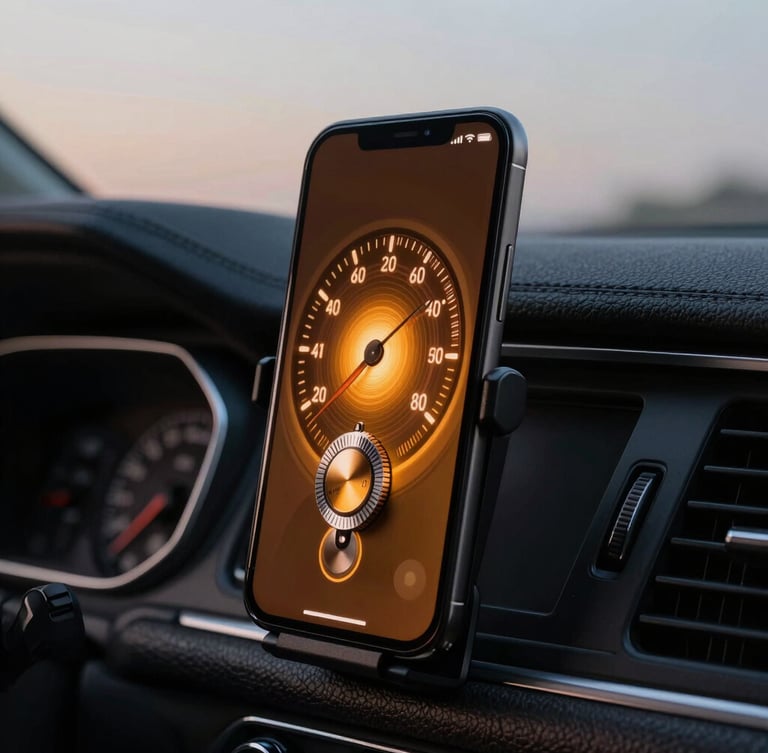 Macro close-up of an Android phone mounted on a rugged leather car dashboard at twilight, displaying a glowing amber skeuomorphic widget with tactile dials and analog speedometers, soft cabin interior lighting.