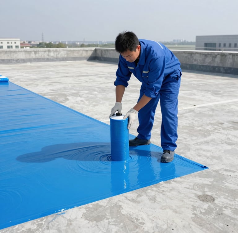 Professional industrial photography of a technician applying a thick blue liquid waterproofing membrane to a clean concrete roof slab under bright daylight, sharp focus