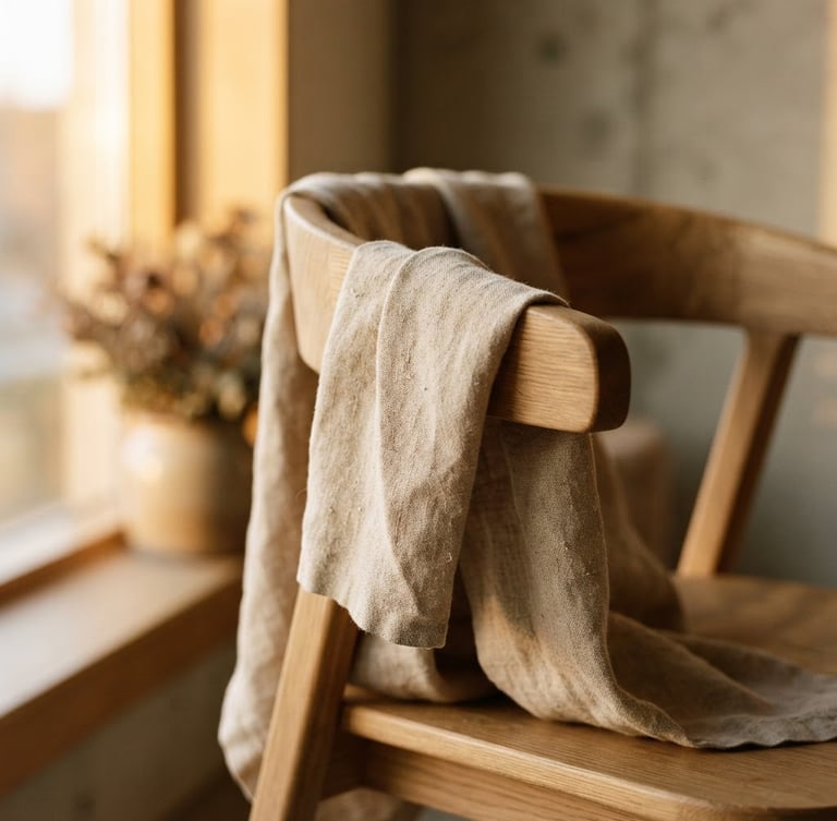 Close-up of textured linen draped over a minimalist wooden chair, bathed in warm golden-hour window light, soft shadows, slightly off-center composition, 35mm.