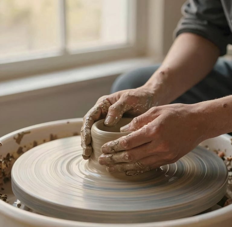 Close-up portrait of skilled hands shaping raw clay on a potter's wheel, soft golden-hour window light, focusing on texture and material quality, slightly off-center.