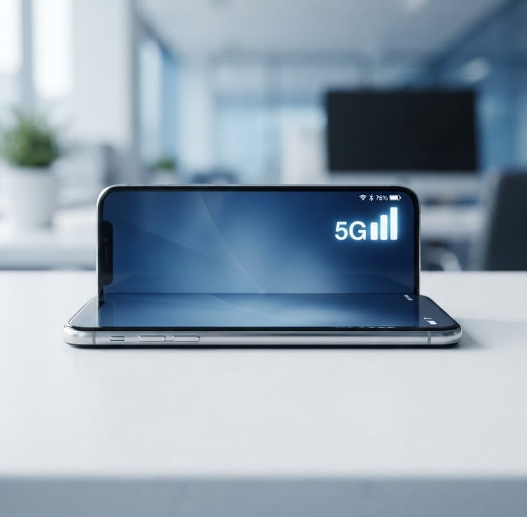 A modern smartphone showing a full 5G signal indicator, resting on a sleek white office desk, soft professional blue lighting, sharp focus, 35mm lens