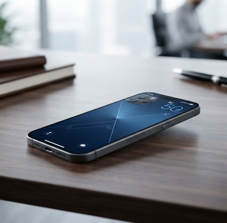 A premium modern smartphone displaying a full 5G signal bar on a sleek dark wooden office desk, bright high-key studio lighting, professional deep blue tones, sharp focus