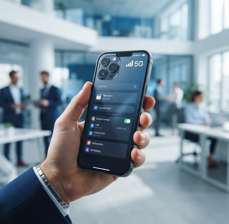 Close-up of a modern smartphone showing full 5G signal bars in front of a clean, bright corporate office background, high-key lighting, professional tech blue tones, sharp focus