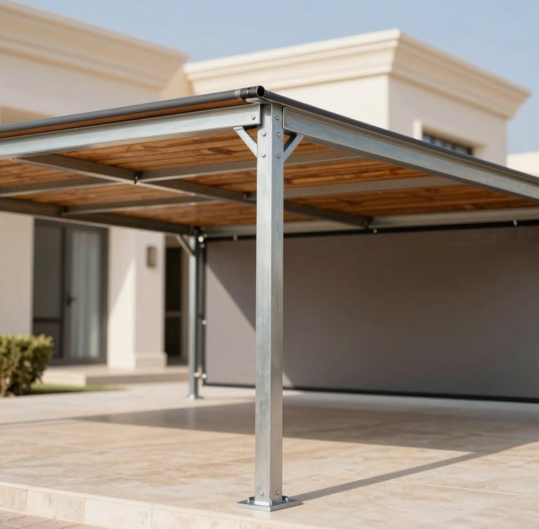 Finished heavy-duty car shade under bright Kuwaiti sun, showing solid steel pillars and precise welds, modern villa in the background, sharp focus, 35mm