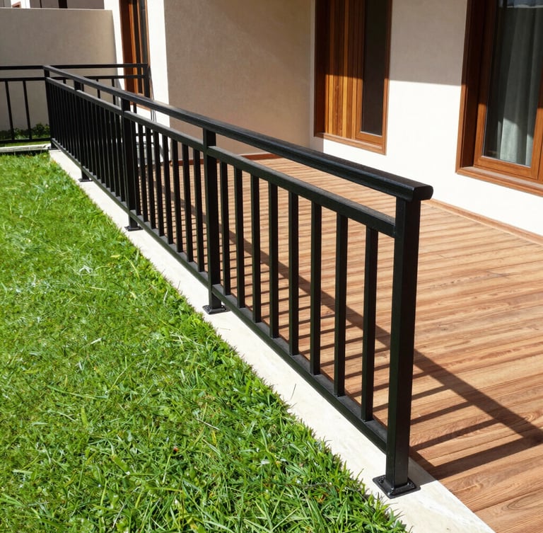 Crisp architectural photography of a modern Kuwaiti villa yard, featuring lush green artificial turf contrasted against a sleek matte black iron railing, bright harsh daylight, sharp focus, 35mm