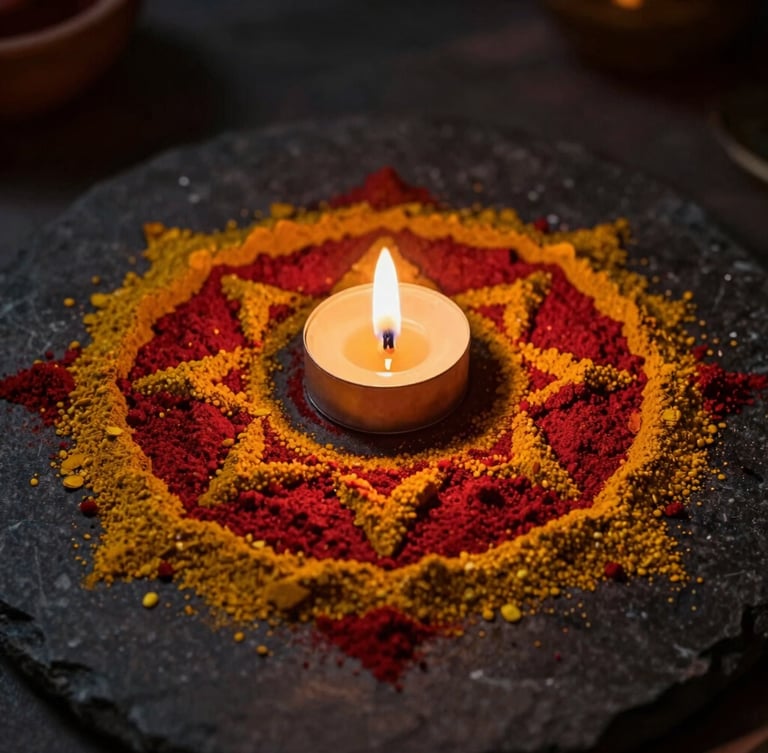 Extreme macro close-up of vermillion powder and turmeric yellow grains arranged in sacred geometric patterns on a dark stone surface, lit by a single oil lamp, 35mm