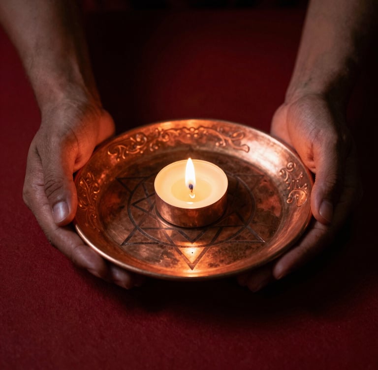 Moody low-key photography of hands holding a sacred copper yantra plate over burning camphor, warm candlelight casting deep shadows, rich vermillion tones, 35mm