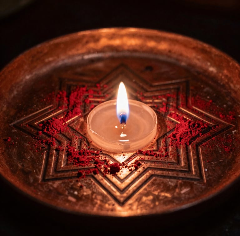 Macro shot of a copper yantra plate etched with geometric patterns, dusted with rich vermillion powder under single-source candlelight.