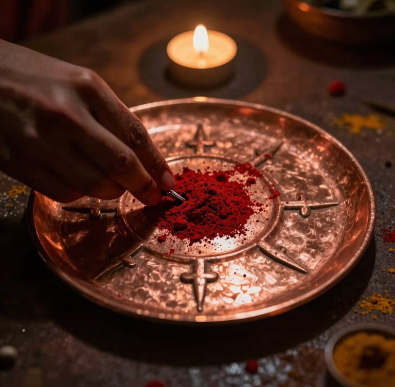 Macro photography of hands preparing a copper yantra plate, covered in sacred red vermillion and turmeric powder, low-key candlelight casting dramatic shadows, 35mm.