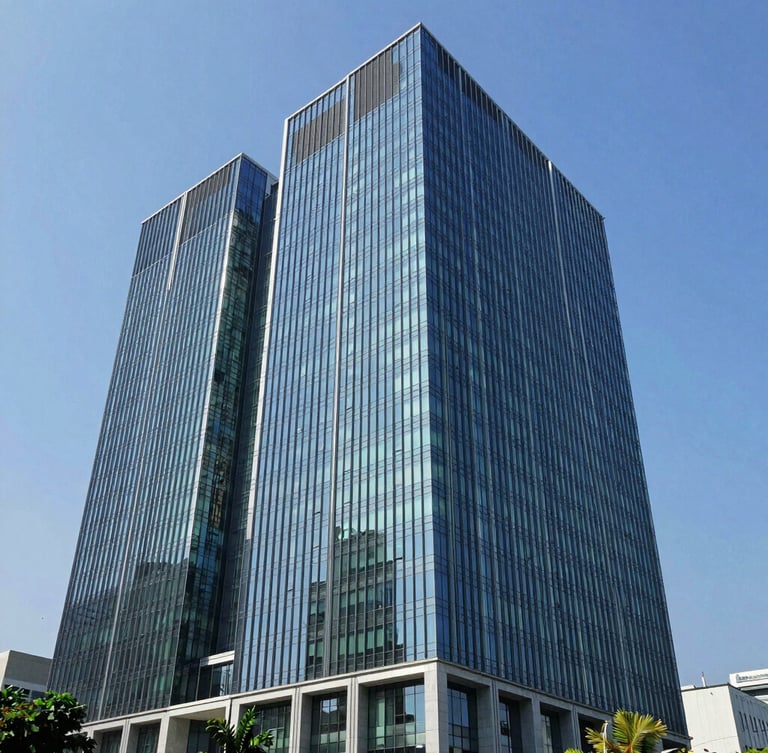 Modern architectural office building in Jakarta with clean glass facade reflecting bright blue sky, wide environmental shot, editorial photography