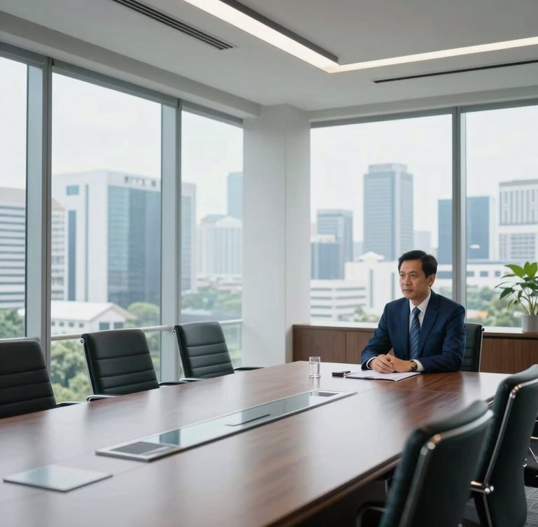 A bright, modern corporate boardroom in Jakarta, floor-to-ceiling windows overlooking the skyline, natural daylight, professional scale, 35mm.