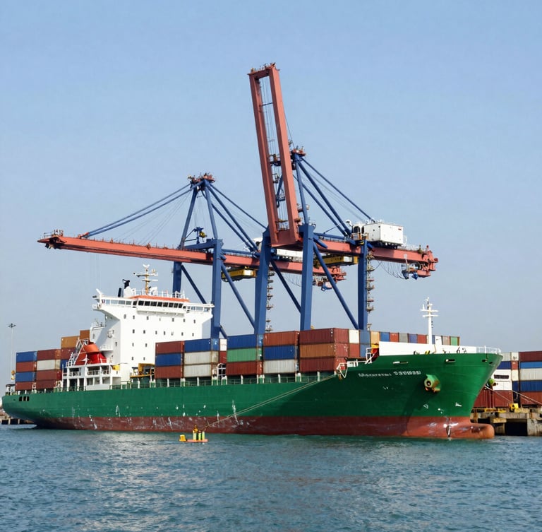 Wide-angle editorial photograph of a modern deepwater port in Indonesia, container ships docked under giant cranes, natural bright daylight, rich navy and emerald tones, 35mm.