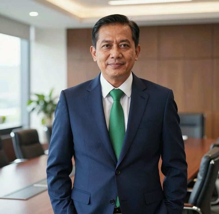 A professional medium-close portrait of a distinguished Indonesian executive in a modern, sunlit corporate boardroom, navy suit, confident expression, editorial 35mm.