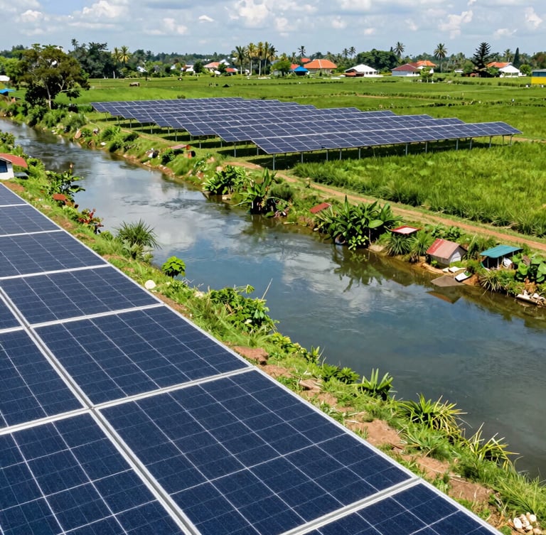 Wide environmental shot of modern Indonesian agricultural landscape with solar panels near a clean river, bright editorial daylight, 35mm