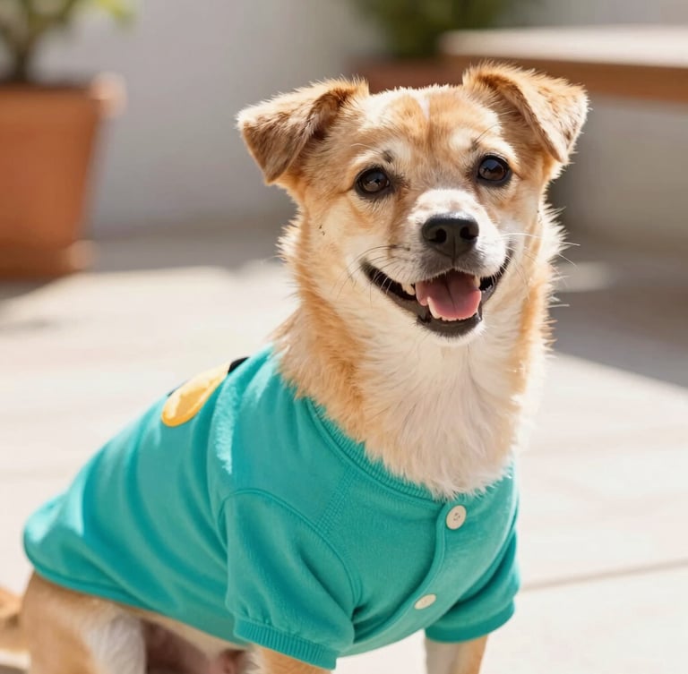 Close-up of a happy small dog wearing a colorful handmade teal shirt on a sunny patio, warm natural light, shallow depth of field