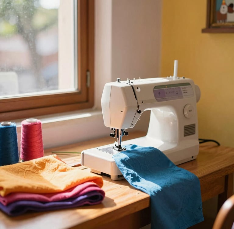 A cozy family workshop scene in Celaya with colorful fabrics, a sewing machine on a wooden table, warm sunlight streaming through a window