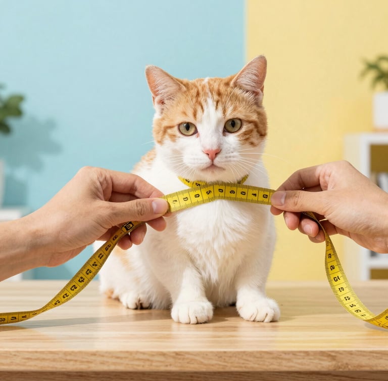 Manos midiendo con cinta métrica el pecho de un gato esbelto en una mesa de madera clara, luz natural suave